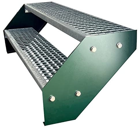 Kaminbau Mierzwa Premium Stahl Treppe Verzinkt & Grün Pulverbeschichtet 2 Stufen (Breite 100 cm) (Höhe 38 cm) Wetterfest Gitterroststufe Gartentreppe