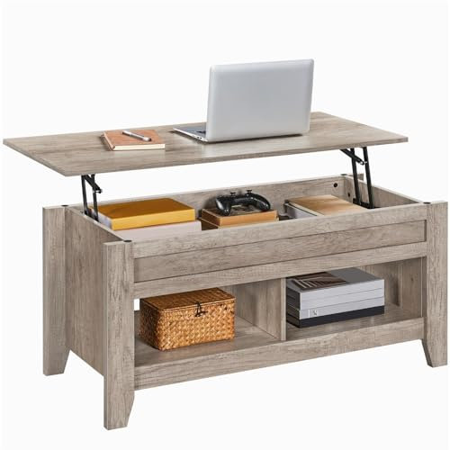 Yaheetech Mesa Centro Elevable de Madera Mesa de Café para Salón con Revistero Mueble de Diseño Moderno 104,5 x 49,5 x (49-61,5) cm Gris