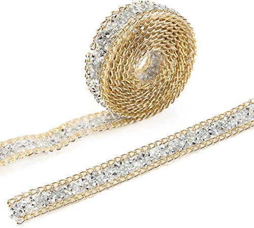Fyearfly Kristall Strassband Rolle, 5yard 15mm Gold Rand Silber Diamant Wrap Roll Strass Band Dekoration für DIY Taschen Kleidung Schuhe Vorhänge