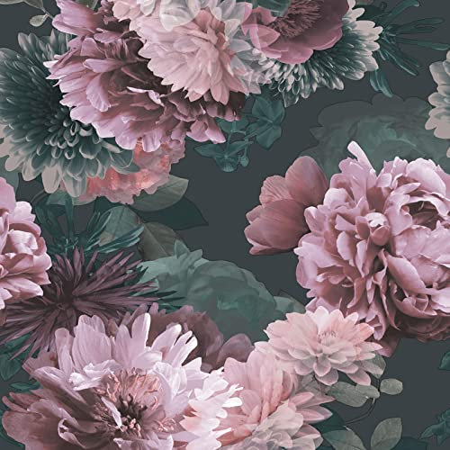 Muriva Lipsy Issey Wallpaper - Modern Floral Living Room, Bedroom, Fireplace Decorative Luxury Nature Wall Paper with Blossoms of Peonies & Chrysanthemums (Pink, Green Grey), Green,grey,pink