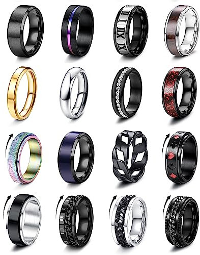 Adramata 16 Stück Ringe Herren Edelstahl Ringe Set Angstringe Coole Band Ringe Anxiety Ringe Silber Schwarze Ring für Männer Spinner Ring Fidget Ring für Anti Stress