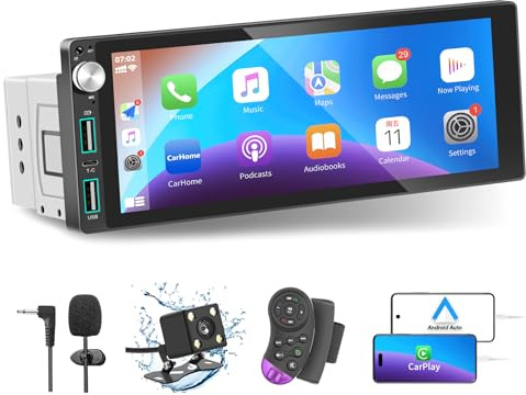 LSLYA Single DIN Car Radio with Apple Carplay Android Car, 17.5 cm IPS Touch Screen, Car Radio Stereo with Rear View Camera, Supports Mirror Link Bluetooth, Hands-Free Calling, FM AM, USB, EQ SWC