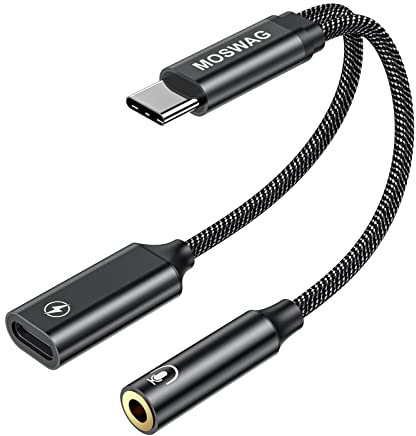 MOSWAG Rechargeable 2 in 1 USB C to 3.5mm Headphone Adapter, USB C to AUX Mic Jack with PD 60W Fast Charging for Stereo, Earphones for Samsung Galaxy S25 S24 S23 S22, Pixel 8 7 6 5