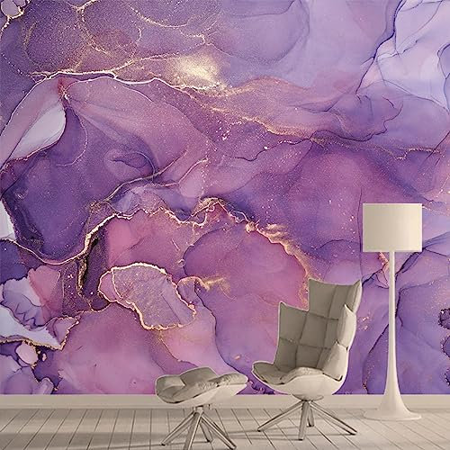 GIVLWF Papier Peint Panoramique de Texture Dorée Aquarelle Violette, Marbre Violet Abstrait Poster Murale Intissé - pour Chambre Salon Décoration Murale 450 x 315 cm