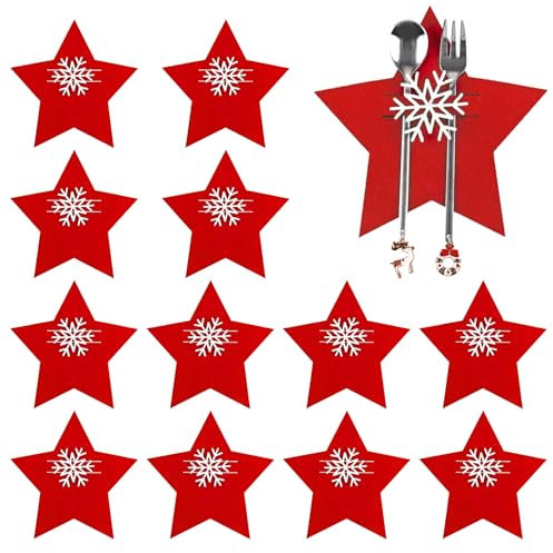 Weysoo Bestecktasche Weihnachten, 12 Stück Pentagramm Besteckhalter Weihnachten, Weihnachten Tischdeko Filz, Weihnachtsdeko für Party Abendessen Gabel Dekor (Rot)