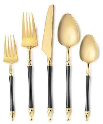 Decorline - 40 Couverts en Plastique Réutilisables Fourchettes Cuillères Couteaux - Ensemble de Couverts Chic pour 8 Invités pour Dîner Salade Soupe Thé - Poignée Robuste - Noir avec Dessus Doré
