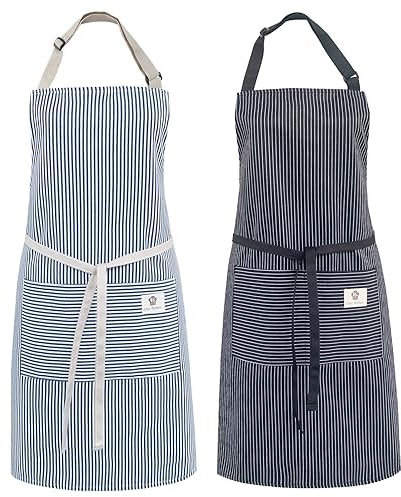 cactusgirl 2 Stück verstellbare Baumwollschürze, Kochschürze, Küchenschürze, Schürzen für Damen und Herren (blaue Streifen + schwarze Streifen)
