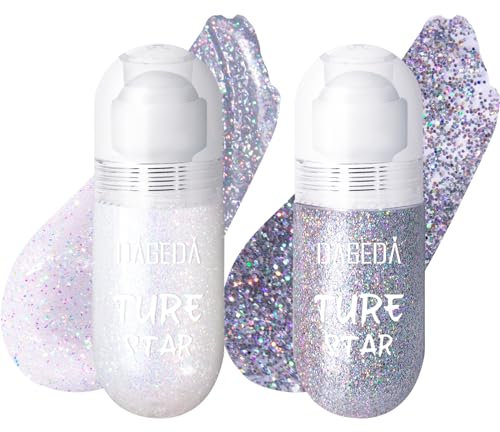 Prreal 2PCS Roll-on Body Glitter Gel, Mermaid Makeup Festival Rave Accessories, Gliter Face Paint Holographic Hair Glitter Gel, Sparkle Body Shimmer Halloween Makeup for Rave Party(01+05)