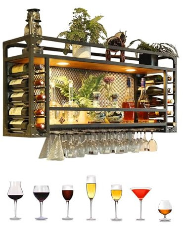 Pxkmouy 85 * 30 * 50cm Portabicchieri da Vino Portabottiglie a Testa in Giù Portabottiglie in Metallo Portabicchieri da Vino in Metallo Mensola A Soffitto per Bar, ristoranti, cucine, Nero