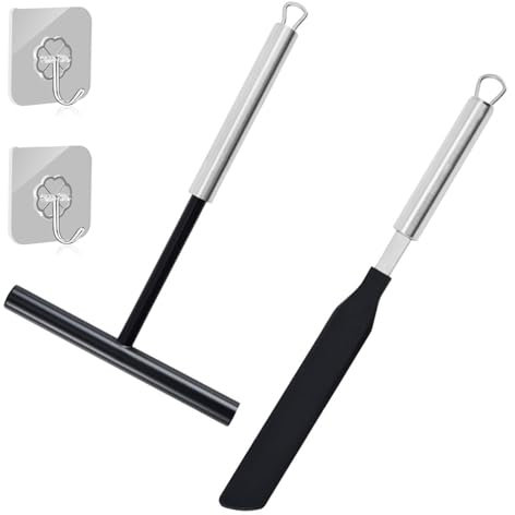 GIONAR Crepes Verteiler und Wender, Edelstahl 304 Crepes Verteiler und Spatel, Crepes Zubehör, mit 2 Haken Selbstklebend, Backwerkzeuge für Pfannkuchen, crepes, Crepes Set für Küche Backen Kochen