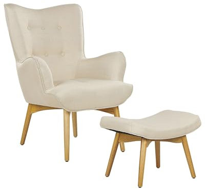 Beliani Ohrensessel gepolstert Stoff Hellbeige gesteppt mit Hocker Armlehnen Holzbeinen Retro Vejle