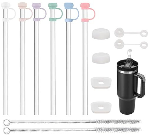 VITEVER Ersatz Strohhalme Set, 12in wiederverwendbare Strohhalme und Abdeckungen,6 Silikon Stopfen Auslaufsicherer für Stanley Cup 2,0 40oz/30 oz,2Strohbürste(Cups nichtenthalten)
