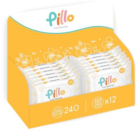 PILLO PREMIUM Baby Wipes – 240 Count, 12 Packs of 20 Plant-Based Wipes with Aloe Vera & Oat Water, Sensitive Skin, Eco-Friendly