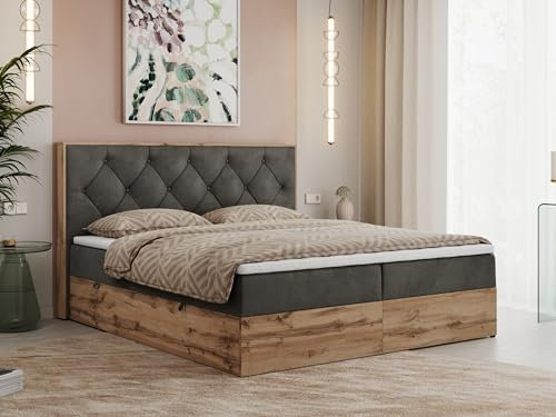 MKS MEBLE Boxspringbett 200x200 cm mit Bettkasten Wotan Eiche, Doppelbett mit Kopfteil, Matratze H4 mit Topper T25, Matratzenaufbau, Polsterbett mit Stauraum - Dunkelgrau Velvet - Veneto