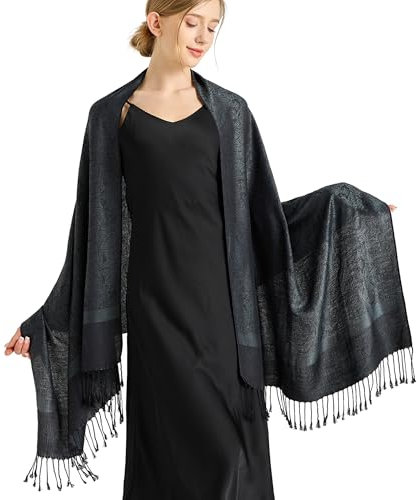 Schwarze Pashmina Schals-Damen Paisley Jacquard Schals Pashminas Wrap für Abend formale Kleider mit Quasten(DE-Style 1-Charcoal Gray)