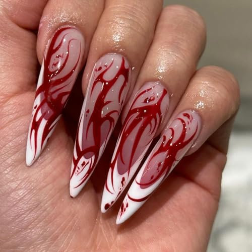 24 PCS Halloween Press on Nails Stiletto French False Nails Glossy Long Fake Nails with Design for Women and Girls Party Salon