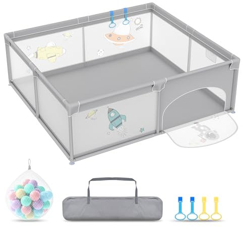 Aufun Laufstall Baby Laufgitter 300D Oxford Gewebe, mit Anti-Kollision Schaum Absperrgitter, Atmungsaktivem Netz, Reißverschluss (Grau, 180x200x68cm)