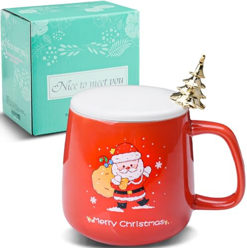 ZONSUSE Taza de Papá Noel,Divertida Taza de Café Navideña,Taza Desayuno Navideño,Taza Navideña con Tapa y Pala Para Arbol de Navidad,Regalos Navidad Originales para Familia Amigo Nniño 380ml(B-Rojo)
