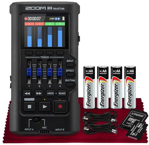 Zoom R4 Multitrak - 32-Bit Float Recorder, 4-spurige Aufnahme mit Stereo-Bouncing, Dual-XLR/TS-Eingänge, eingebautes Mikrofon mit 2 XLR-Kabeln, Batterien und 64 GB MicroSDXC