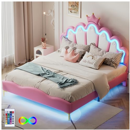 Sapgaks Lit rembourré avec Bande Lumineuse d'environnement LED réglable, lit de Princesse en Forme de Couronne,lit Enfant 140x200cm,Cadre de lit Simple avec sommier à Lattes,PU,Rose