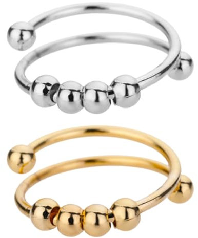 XENQITO 2Pcs Anillo de Acero Inoxidable, Ajustable Giratorio con Cuentas para Mujer y Hombres - Abierto para Ansiedad