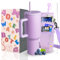 40 oz Tumbler mit Griff und Strohhalm & 6PCS Tassenzubehör für 40 oz Tasse - vakuumisolierte Edelstahl-Doppelwand-Wasserflasche Reise-Kaffeebecher (Orchid)