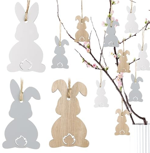 GEBETTER 12Pcs 8,5cm Conejos de Pascua Colgantes Madera 3 Colores, Decoración Adornos Pascua Reutilizables Ramas Árbol Flores Maceta Ventana Balcón Jardín, Regalo Niños Manualidades Infantiles Fiesta