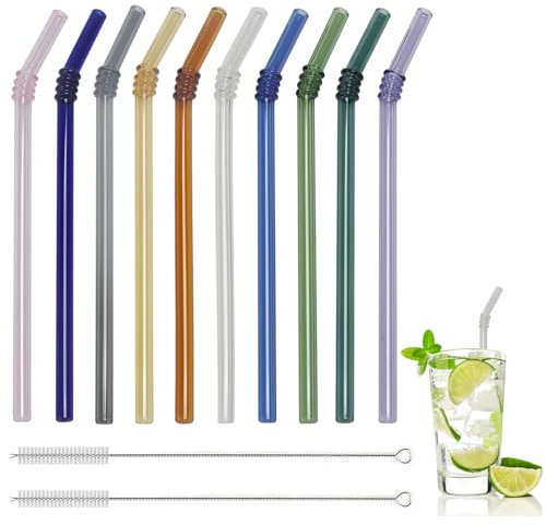 VirtuGro 10 Pcs Glass Straws Drinking Multicolour Reusable Glass Bent Straws with 2Pcs Straw Cleaning Brush for Cocktail Smoothies Milkshake Cocktail Juice Water, 20cm x5mm