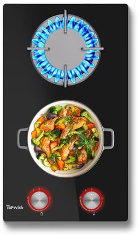 TOPWISH Gaskochfeld 4750 Watt, Gaskochfeld 2 Flammig,Gaskochfeld mit rote beleuchteter Drehknopf, Eingebau Gaskocher mit Gusseisernen Stützen, NG/LPG Konvertierbar, Automatischer Thermoelementschutz