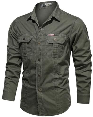 PADOLA Men's Shirt Military Cargo Style Tactical Long Sleeve Shirts for Men UK Button Down Outdoor Hiking Overshirts(XL,Green)