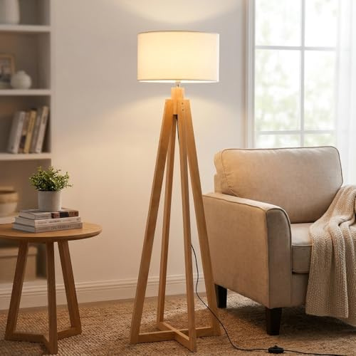Alpinaluz Stehlampe aus Naturholz mit weißem Stoffschirm Ø43 cm, E27-Fassung, 149 cm hoch, skandinavisches Design für Wohnzimmer, Schlafzimmer oder Esszimmer