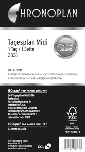 Chronoplan 50246 Kalendereinlage 2026 (Tagesplan Midi (96x172mm), Ersatzkalendarium für Terminplaner, Tagesplaner, ideal für detaillierte Tagesplanung, 1 Tag auf 1 Seite, mit Universallochung) weiß