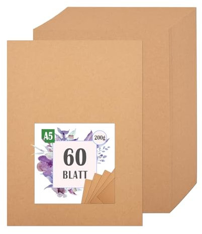 60 Blätter Kraftpapier A5 Set, 14,8 X 21 Cm, 200g, Aolkee Karton für Handwerk Hochzeitseinladungen, Karton Handwerk, Druckerpapier A5, Braun