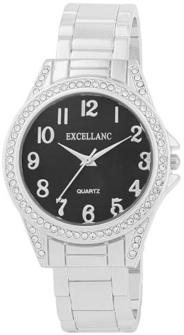 Excellanc Damen-Spangenuhr Metallarmband Armreif lesbare Ziffern Simili Steine Länge 15 cm Quarz-Armbanduhr Geschenkidee für Frauen (Silber/Schwarz)
