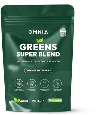 OMNIA Super Greens Powder – 40 Ingredients with Superfoods, Vitamins & Antioxidants – Supports Gut Health, Detox, Energy & Immunity – Vegan-Friendly, Non-GMO – 30 Servings (210G, Cherries and Berries)
