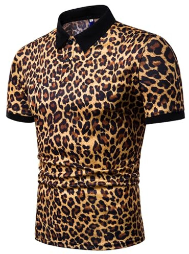 SOOUICKER Poloshirt Herren Kurzarm Muster Polohemd Herren Vintage Regular Fit Tshirt Leopard Elegant Kurzarmhemd Polo Bunt T Shirt mit Kragen Print Modern