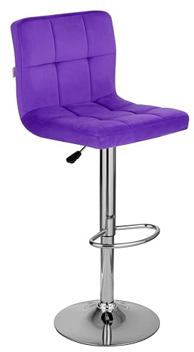 Baroni Home Sgabello da Bar o Cucina in Tessuto Imbottito, Regolabile e Girevole a 360°, con Schienale e Poggiapiedi, Struttura in Acciaio Cromato, 1 Pezzo, Viola Velluto