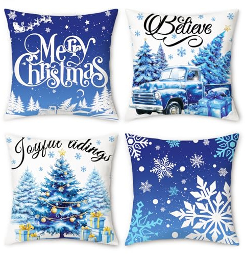 NymphFable 4er Set Kissenbezüge Weihnachten Blau 45 x 45 cm, Schneeflocke Weihnachtsbaum Samt Dekorative Zierkissenbezüge Kissenhülle für Sofa Wohnzimmer Schlafzimmer Weihnachtsdeko