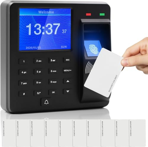 Zeiterfassung für Kleinbetriebe – Innovatives Zeiterfassungsgerät mit Fingerabdruck, Passwort und ID-Karten, Anwesenheitsmaschine für Mitarbeiter Kein Netzwerk Erforderlich mit 10 ID-Karten