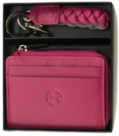 Mala Leather Ladies Gift Set – Genuine Leather Coin Purse with 4 Card Slots & Matching Keyring in Gift Box – Elegant Gift for Her – Black, Blue, Grey, Pink or Purple – 13 × 11 × 2.5 cm (Pink)