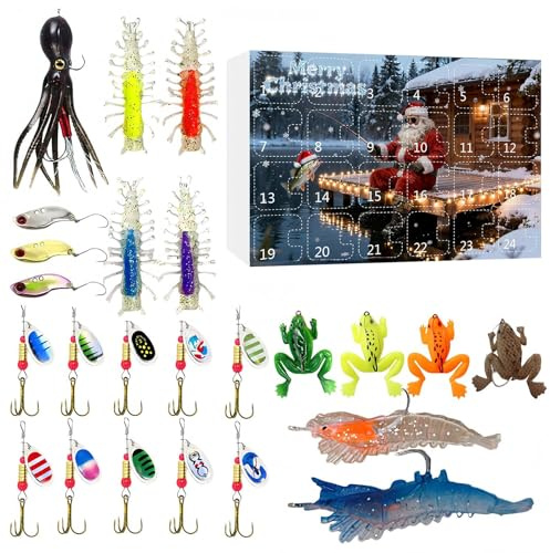 24 Tage Angelköder – Adventskalender – Angelköder Set – für Angler Männer Jugendliche Papa Ehemann Freund Süßwasser Salzwasser Forelle Bar Flüsse Seen Bäche