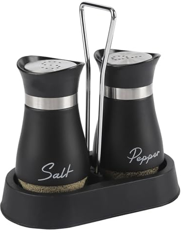 2 Pcs Black Salt and Pepper Pot Set, Salt and Pepper Shakers with Holder Salt Shaker Cellar Dispenser Stainless Steel Salt Shaker Dispenser for Cooking BBQ Kitchen