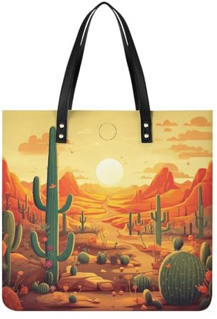 YUXBVKRS Große Tragetasche für Damen, Kaktus bei Sonnenuntergang, bedruckt, Umhängetasche, PU-Leder, Handtasche für Einkaufen, Reisen, Arbeit