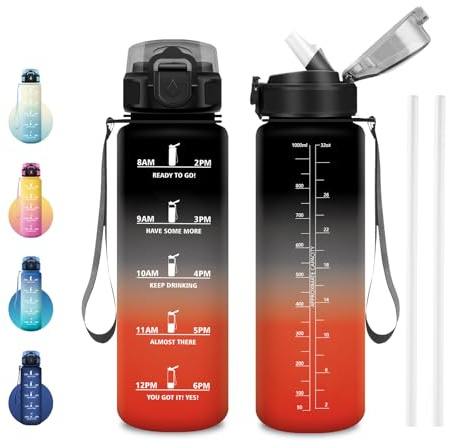 JAPORIA Sportflasche 1L, Trinkflasche Auslaufsicher mit Strohhalm und Zeitmarkierung, Wasserflasche Kohlensäure Geeignet für Büro, Camping