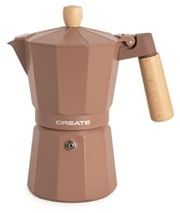 CREATE THERA MOKA RETRO/Italienische Kaffeemaschine mit Adapter für Mokka-Induktion/Kapazität für 6 Tassen, Aluminium, 350 ml, Sicherheitsventil, geeignet für Gas, Elektro- oder Glasherd
