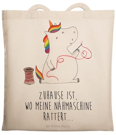 Mr. & Mrs. Panda Tragetasche Einhorn Näherin - Geschenk, Einhorn Deko, Laptoptasche, Beuteltasche, Stofftasche, Häkeln, Einkaufstasche, Einhörner,