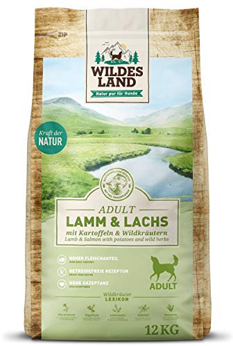 Wildes Land - Nr. 7 Lamm & Lachs - 12 kg - mit Kartoffeln und Wildkräutern - Glutenfrei - Trockenfutter für Hunde - Hundefutter mit hohem Fleischanteil - Hohe Verträglichkeit