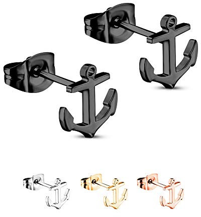 Treuheld® | Anker Ohrstecker/Ohrringe aus 925 Sterling Silber | 7mm x 8mm x 0,8mm | Schwarz | Set/Paar Anchor Schmuck Stecker | Damen und Herren