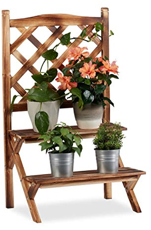 Relaxdays Fioriera a Scala con Spalliera, Portapiante, 2 Ripiani, Legno, HLP 89x51x40 cm, Effetto Bruciato