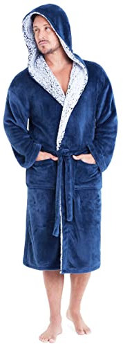 CityComfort Peignoir Homme Chaud en Polaire | Robe De Chambre à Capuche Longue Coupe Élégante avec Passepoil Contrasté | Peignoirs De Bain Confort Ultra Doux | Cadeau Homme Chic (M, Bleu Marine)